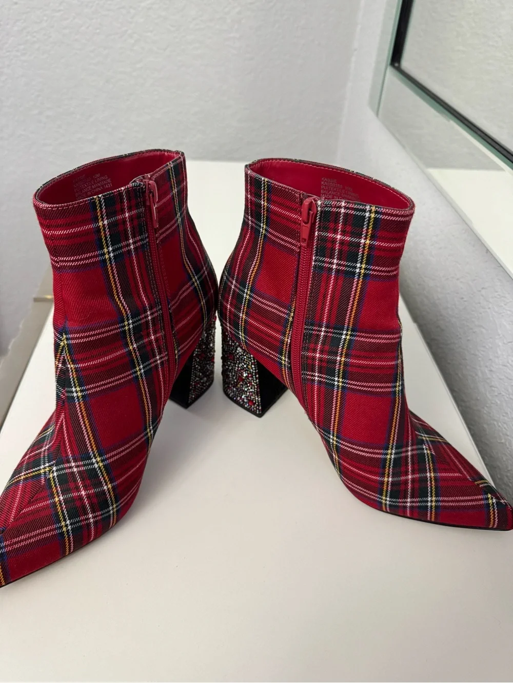 Betsey Johnson Red Plaid Ankle Boots with Embellished Block Heel